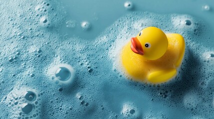 Yellow rubber duck in soap foam,blue background,bathroom product concept,copy space,advertising