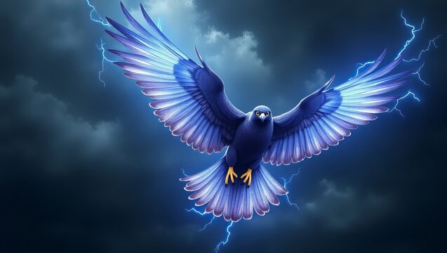 A majestic blue bird soars through a stormy sky, wings outstretched amid lightning strikes. - Powered by Adobe