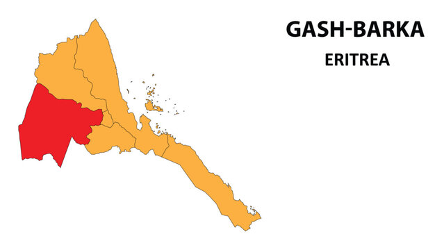 Gash-Barka Map is highlighted on the Eritrea with detailed state and region outlines.