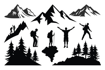 Mountain Hiking Silhouettes Trekkers, Peaks, and Forest Landscape, Black on White