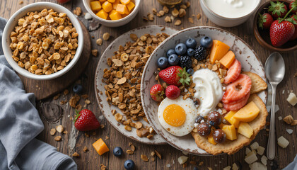 Hearty Breakfast Bowl With Granola Fruits And Eggs On Wooden Tab