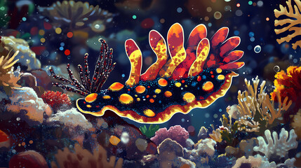 Colorful sea slug encounter coral reef marine life underwater close-up. Abyssborn Tide. Illustration