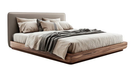 Bedroom interior design with modern bed and soft bedding  isolated on transparent  background png