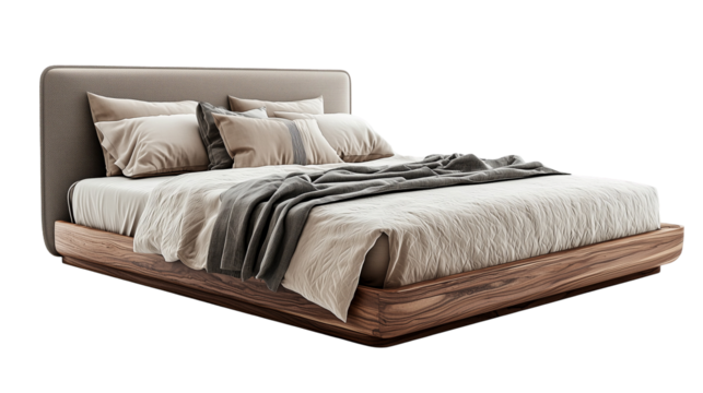 Bedroom interior design with modern bed and soft bedding  isolated on transparent  background png