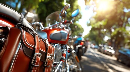 Fototapeta premium A close-up view of a classic motorcycle with a leather saddlebag parked on a sunny street