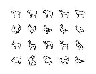 Livestock Vector Icon Set | Adjustable Line Weight | Animals, farm, poultry, cattle, sheep, goat, horse, pig, rabbit, duck, wildlife, agriculture, rural life icons