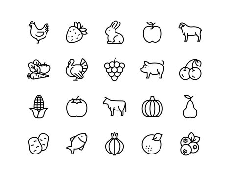 Farm Produce Vector Icon Set | Adjustable Line Weight | Fruits, vegetables, livestock, poultry, organic food, harvest, healthy eating, agriculture, fresh ingredients, orchard, farm animals icons
