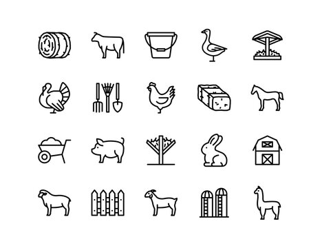 Livestock Farming Vector Icon Set | Adjustable Line Weight | Agriculture, barn, hay, cattle, poultry, sheep, pig, farming tools, feeding, rural life, animal husbandry, farm management icons