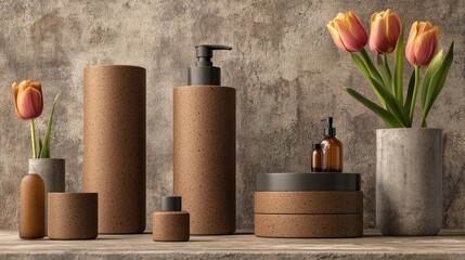 Exquisite floral arrangement in a vase with decorative bottles, stunning centerpiece for any occasion