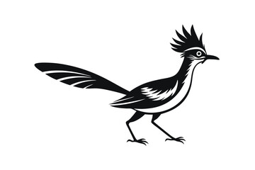 Stylized Black Roadrunner Bird with Crest on White Background, Side View