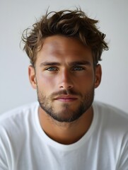 Fototapeta premium A handsome young man with wavy brown hair and a short beard poses for a close-up portrait against a neutral background.
