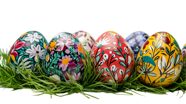 Decorated easter eggs with floral designs on green grass isolated on transparent background png