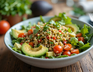 Healthy Colorful Salad with Quinoa, Avocado, and Fresh Greens - Clean Eating Concept