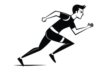 Minimalist Black & White Runner Illustration, Isolated Athlete Sprinting Action, Motion
