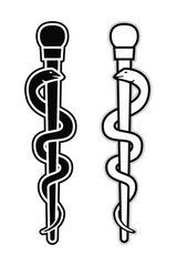 Rod or staff of Aesculapius Greek god mythology with snakes winding symbol of medicine drawing in black and white vector