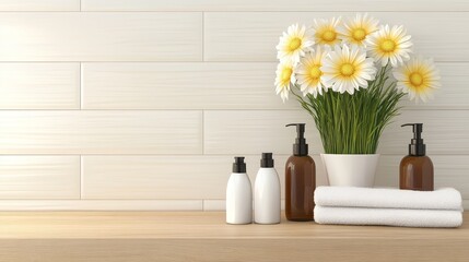 Tranquil still life,  decorative vase of flowers and soothing lotion bottle on table