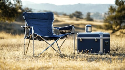 Fototapeta premium Foldable camping chairs placed next to a cooler on dry grass background