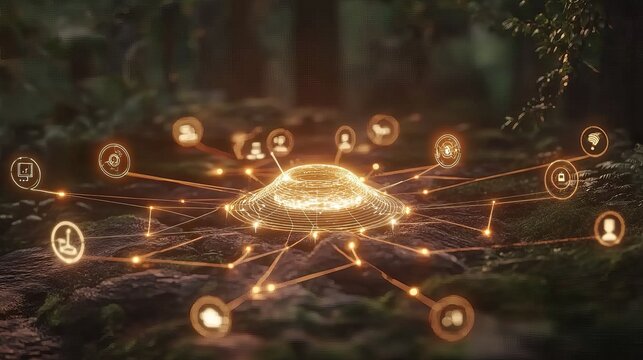 Glowing AI core surrounded by interconnected automation icons in a tech matrix