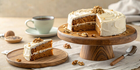 Rustic wooden table, carrot cake with cream cheese frosting, vintage cake stand, teacup, slice of cake on plate, pecans, warm lighting, cozy atmosphere, food photography, soft focus, muted colors, 