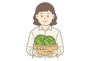 Illustration of a Woman Holding Cabbages

