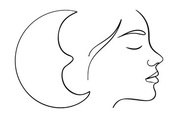 Minimalist Line Art Of Womans Face And Moon,Sleepy Feminine Dream