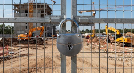 Padlock Securing Construction Site with Excavators and Building Under Construction