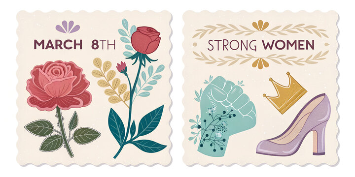 Celebrate March with a creative set of stickers emphasizing strong women and floral designs for International Women's Day women, stickers, floral, design, empowerment,