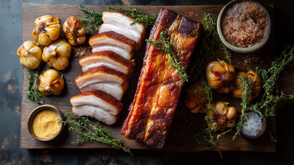 Sliced pork belly with crispy skin and whole piece of unsliced pork belly on wooden board with roasted garlic bulbs, fresh thyme sprigs, and small bowls of coarse salt and yellow spice