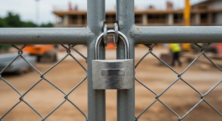 Padlock Securing Metal Fence Protecting Construction Site Equipment and Workers