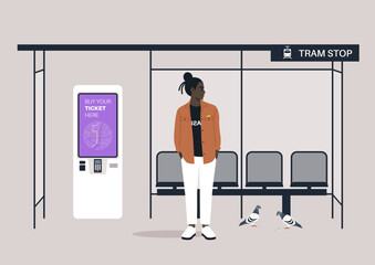 A young person stands at a tram stop, casually dressed, surrounded by empty seats and pigeons, as the urban hustle unfolds in the background © nadia_snopek