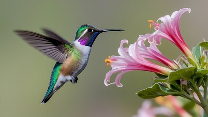 Fototapeta premium Ruby-Throated Hummingbird Hovering Near Flower – Colorful Bird in Motion Perfect for Nature Photography, Garden Wildlife, and Floral Pollination Scene Designs.