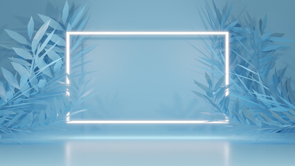 Minimal abstract luxury podium nature leaves pattern design, foliage plant in blue color with space background or summer background for product presentation with empty stage. 3d render illustration