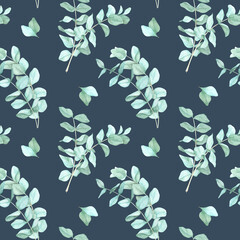 Eucalyptus sprigs with green leaves on a deep navy background, painted in watercolor. Seamless botanical pattern clipart Ideal for fashion prints, wrapping paper, and stylish home accessories