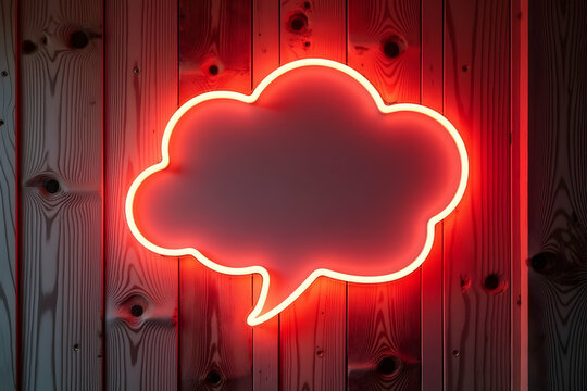 Vibrant Neon Communication, A Luminous Speech Bubble Sign on Rustic Wood, Illuminating Dialogue and Connection in a Modern and Eye Catching Way