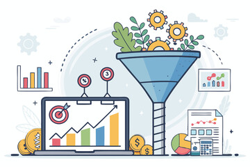 Create a bold, vector illustration of a marketing funnel showcasing each stage.  Emphasize strong visual hierarchy and impactful color choices.