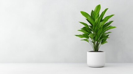 Minimalist indoor plant in a white pot against a plain white wall