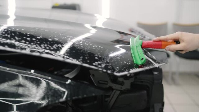 Car wrapping professional applying a protective film to the hood of a car, ensuring protection against scratches and environmental damage