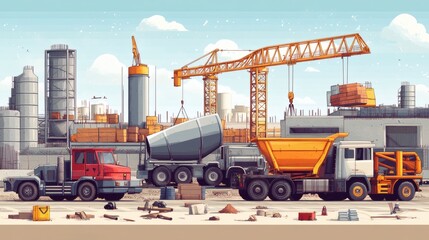 Construction site with cranes, trucks, and concrete mixers.