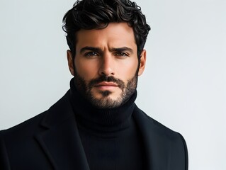 Obraz premium A handsome man with dark hair and a beard poses in a black turtleneck and coat against a light gray background.