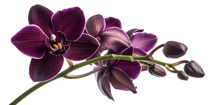 Dark purple orchid showcasing its exotic beauty and luxurious appearance on a white background dark, purple, exotic, flower, luxury, floral, decor, nature, elegance, beauty, botanical, 