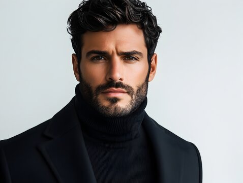 A handsome man with dark hair and a beard poses in a black turtleneck and coat against a light gray background.