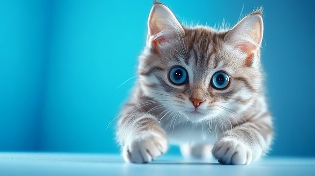 Adorable kitten with captivating blue eyes, closeup portrait of curious feline