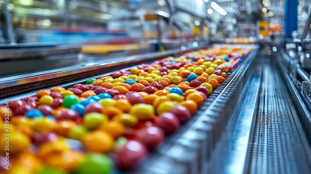 Poster Vibrant candies of various shapes and colors travel smoothly down a long assembly line in a busy factory setting