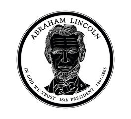 United States one cent or penny, President Abraham Lincoln on obverse. The coin is depicted in black and white. Vector illustration.