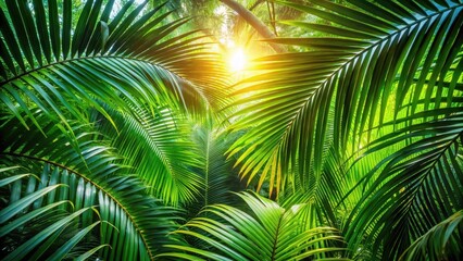 Dappled sunlight filters through lush green palm tree leaves