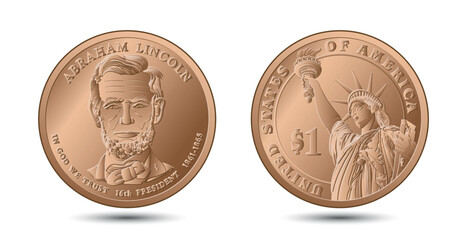 United States one cent or penny, President Abraham Lincoln on obverse and Statue of Liberty on reverse. American money. Vector illustration.