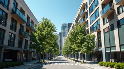 A sunny street with buildings and lush green trees in an urban area