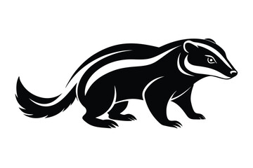 Elegant Black Badger Silhouette, Walking, Isolated on White, Simple