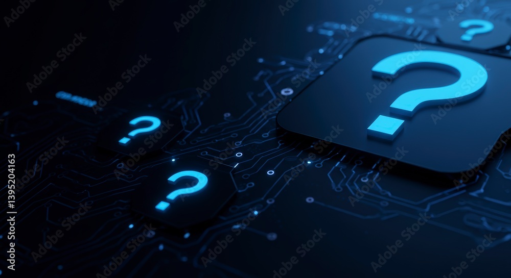 Fototapete Question Marks on Circuit Board Representing Uncertainty and Problem Solving