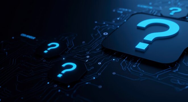 Question Marks on Circuit Board Representing Uncertainty and Problem Solving - Powered by Adobe